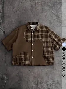 Men's Plaid Blouse, Casual Loose-Fitting Short Sleeve Shirt, Minimalist H-Type Design, Comfortable Outdoor Fashion