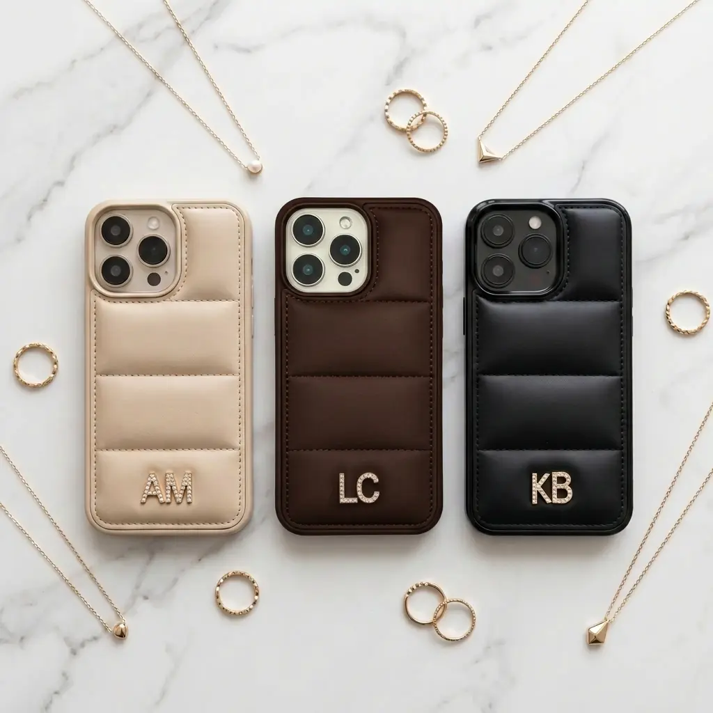 Personalized iPhone Case - Custom Zirconia Initials Puffer Smartphone Protector, Luxury Aesthetic Women's Cover, Cute Girly Gift for iPhone 17 16 15 14 13 12 Pro Max