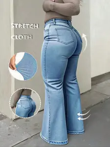 Women's Plus Size Fashion Denim Flared Bell Bottom High Elasticity Trendy Comfort Washed Craft Elegant Women's Long Pants