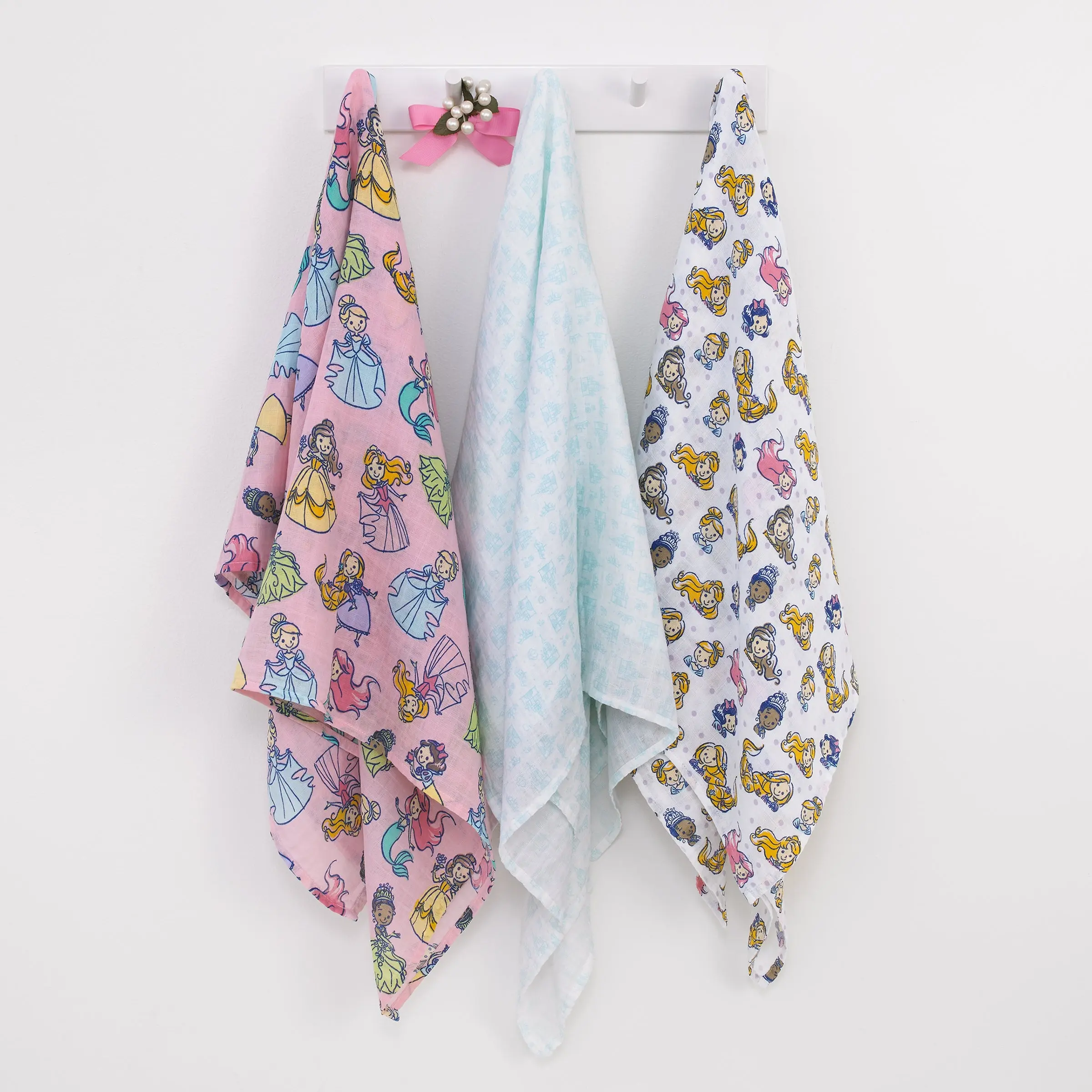 Disney Princesses Pink, Aqua, Lavender, Green, and White 3 Piece Muslin Swaddle Baby Blanket Set