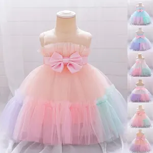 5355 Baby Girl Clothes Christening Bow Rainbow Summer Dress Toddler Pageant Newborn Photography Ball Gown Elegant Princess Baptism 6M-3Y