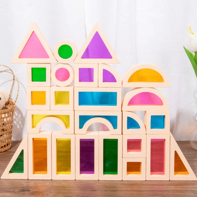 Wooden Acrylic Rainbow Building Blocks Set, Preschool Sensory Toy, Montessori Educational Learning Tool, Suitable for Kids Aged 3-5 Years