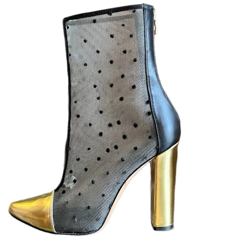 Pre Owned BALMAIN Black Mesh Polka Dot Gold Leather Boots Size 39
