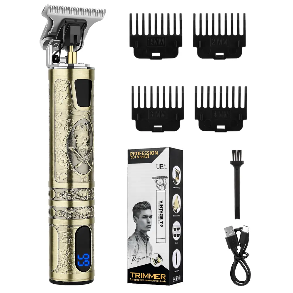 Vintage Engraved T9 Hair Trimmer for Men, Cordless Rechargeable Zero Gap Detail Clipper with LCD Display, Professional Barber Edger for Haircuts, Beard & Line Designs