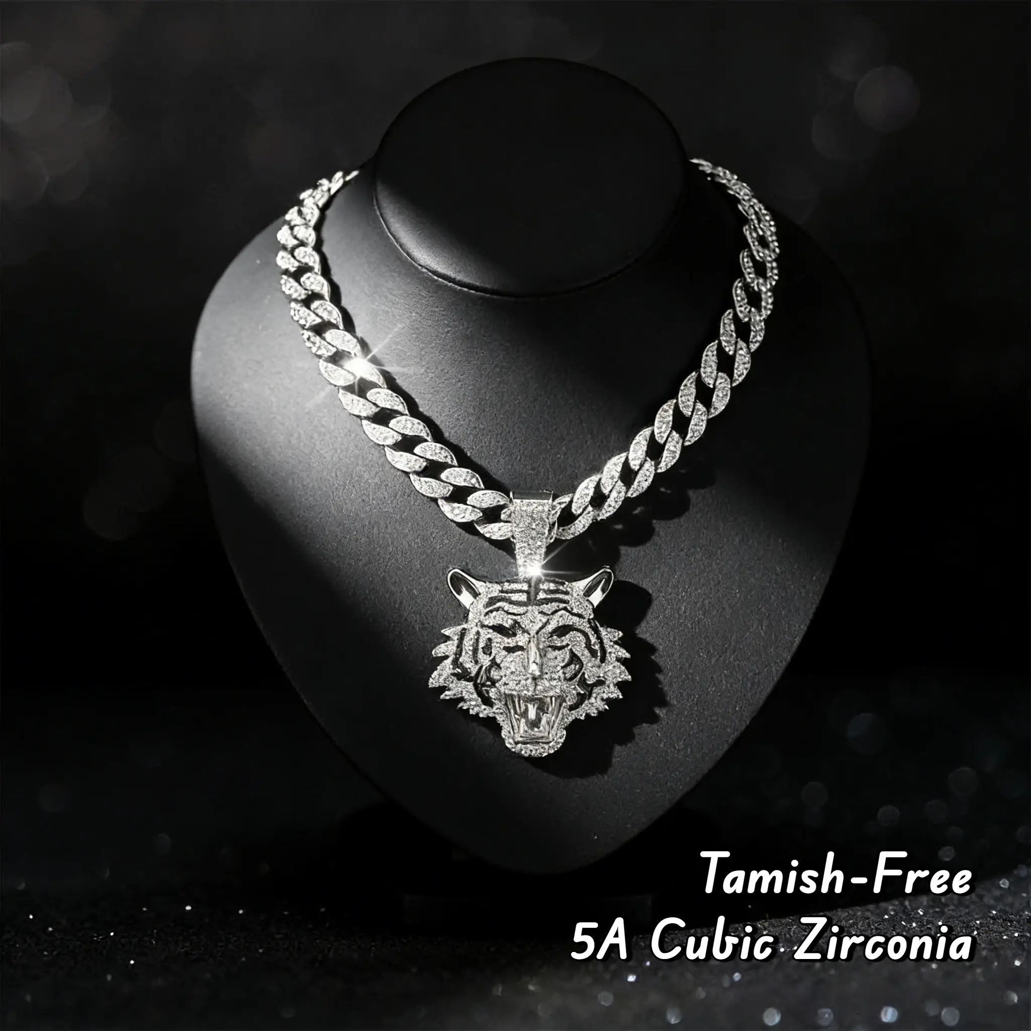 Miami Cuban Link Chain for Men with Tiger Pendant - Gold/Silver Plated Iced Out Necklace, Tarnish Proof Hip Hop Men's Accessories, Birthday Gift Jewelry for Party Wear, Tarnish Proof Jewelry, Chains, Necklaces, Valentine's Day
