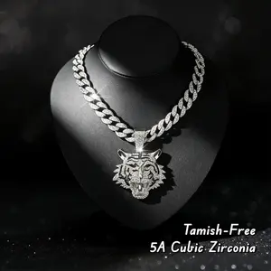 Miami Cuban Link Chain for Tiger Pendant, Gold/Silver Plated Diamond Necklace, Iced Out Hip Hop Jewelry Gift,Cuban Link Chain for Men with Pendant,Fashion Jewelry for Party, Daily Decor, for Birthday Gift