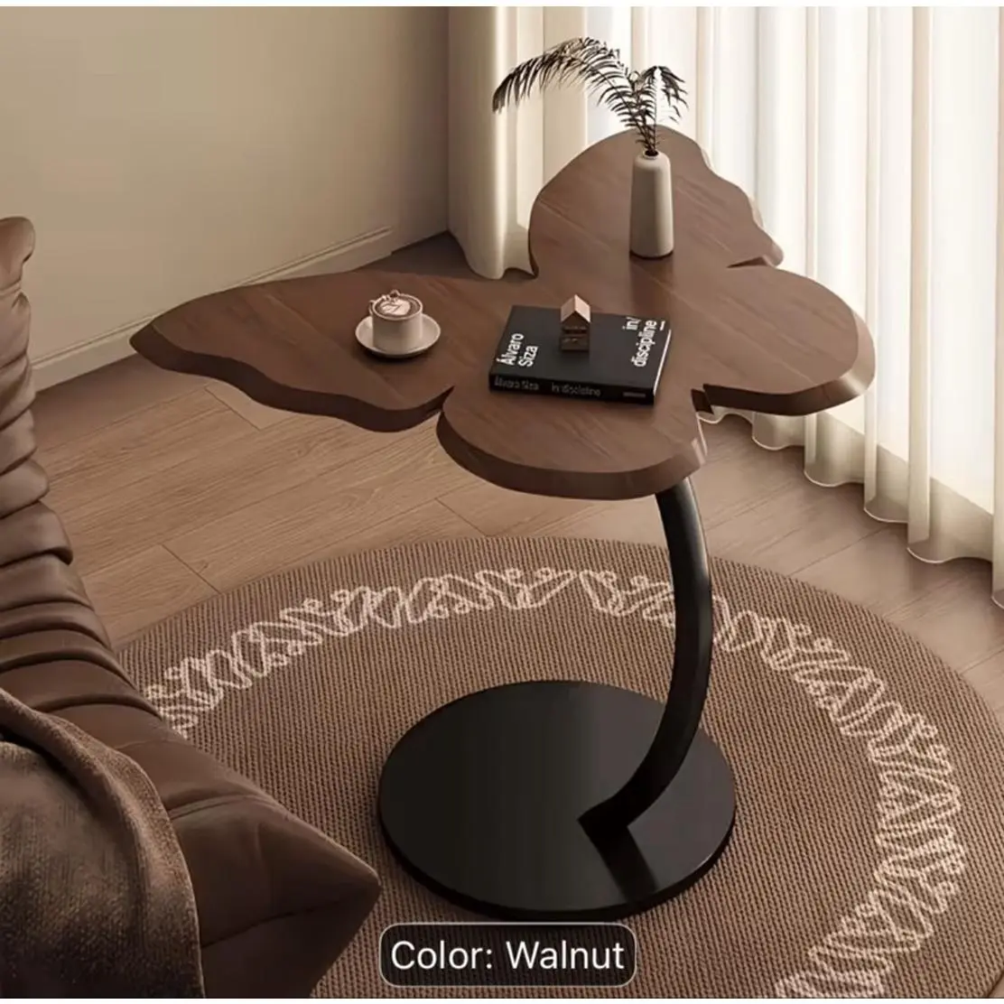 Butterfly Design Side Table Small Retro Coffee Table Wooden Tabletop Sturdy Metal Base Cable Organizer Storage Shelf for Living Room Bedroom Sofa Bedside Nightstand Small Space Balcony Modern Luxury Nordic Accent Furniture Home Decor Walnut