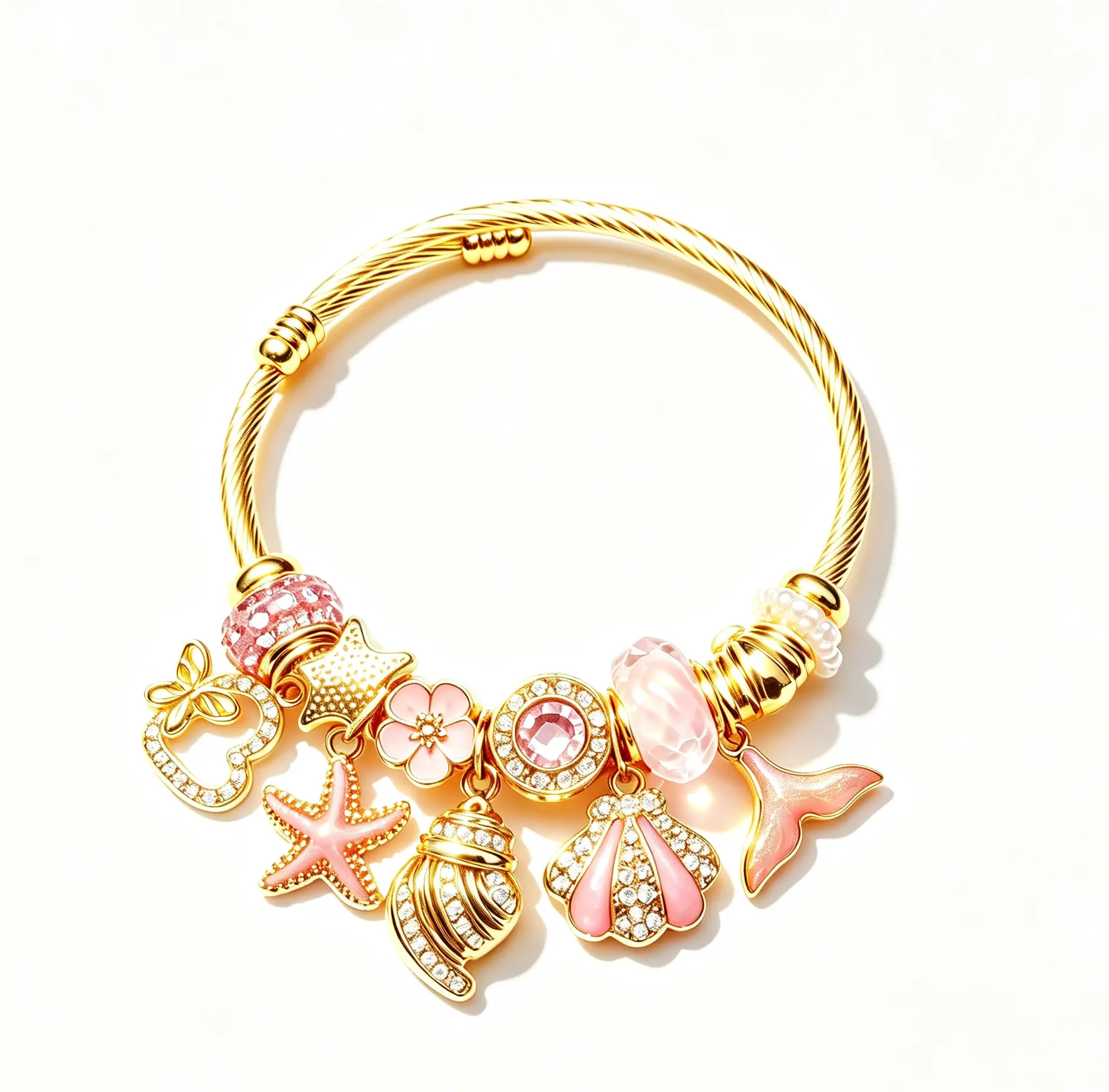 Pink Gold Tone Ocean Theme Charm Bangle, Adjustable Open Cable Wire Bracelet with Starfish, Seashell, Mermaid Tail, Heart Pendant, Transparent Pink Crystal Rhinestone Beads, Dainty Beach Jewelry Gift for Women