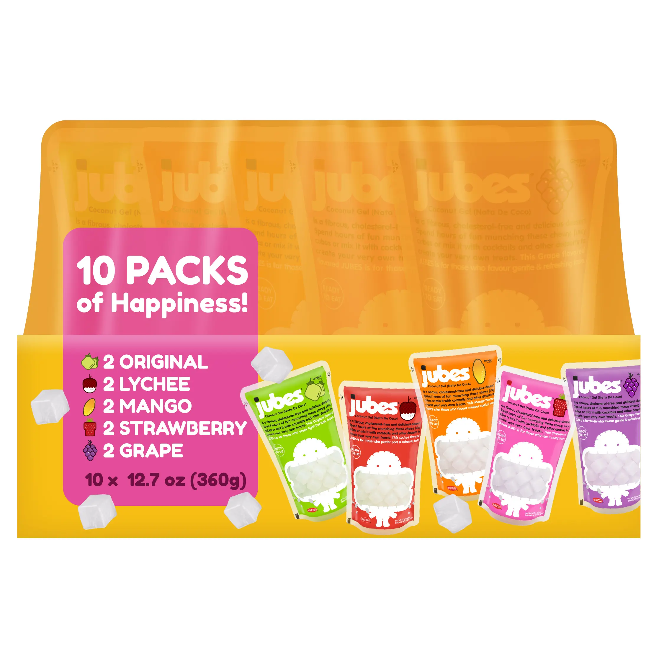 Jubes Nata De Coco (Assorted Combo) pack of 10, 12.7 oz 2 of Each Flavor - Coconut Jelly Cubes for Sago - Coconut Gel in Syrup Toppings for Fruit Tea, Boba, Bubble Tea, Drinks, Desserts Yogurt, Ice Cream