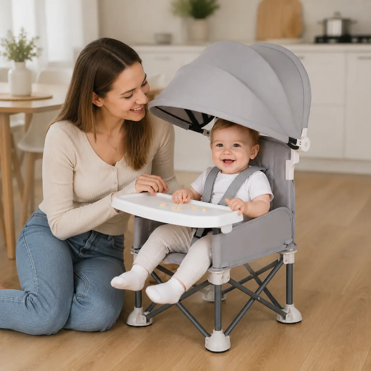 Portable Baby Booster Seat with Tray & Canopy, 3-Point Safety Harness, Foldable Travel High Chair for Infants & Toddlers, Compact Indoor & Outdoor Baby Seat