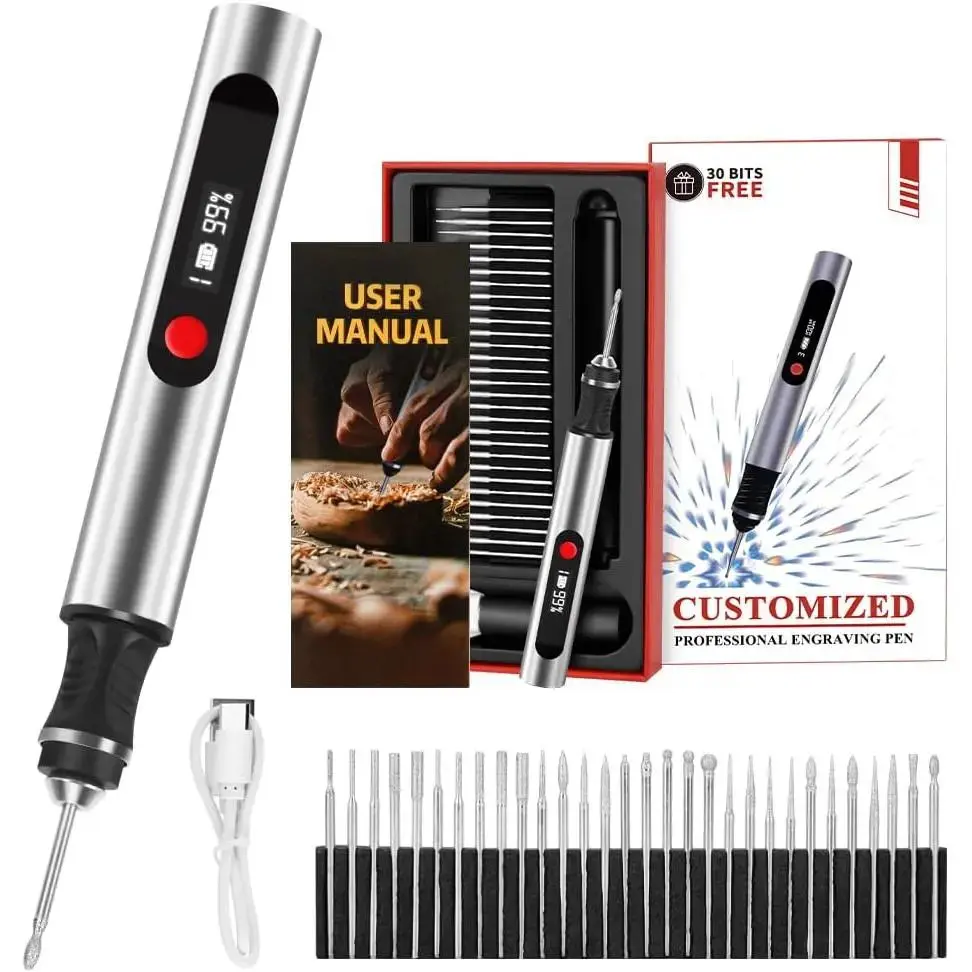 [Pro Commerce] Professional Engraving Pen Tools and Gadgets, USB-C Fast Charging Power Tool, 30 Free Diamond Bits, 3 Speed Settings (8000-21000 RPM), Easy-to-Use for Personalized Gifts & Practice Canvases