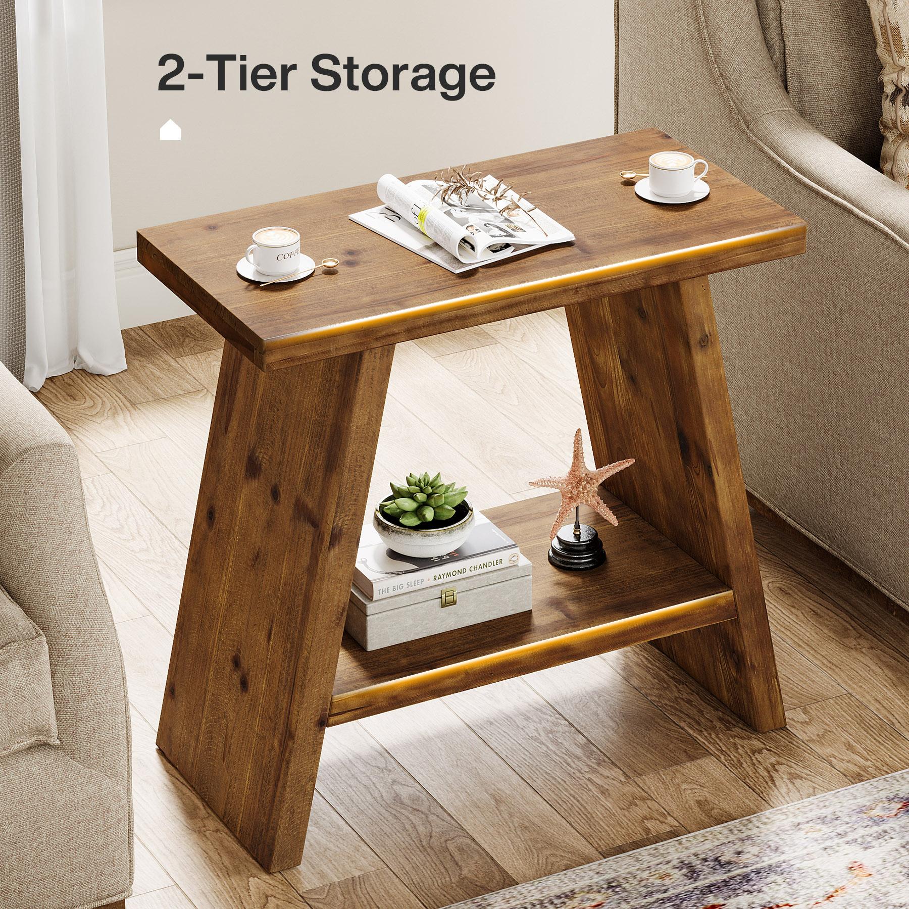 LITTLE TREE Solid Wood End Table for Living Room, Narrow Small Side Table with 2-Tier Storage, Farmhouse Bedside Nightstand for Bedroom, Small Places