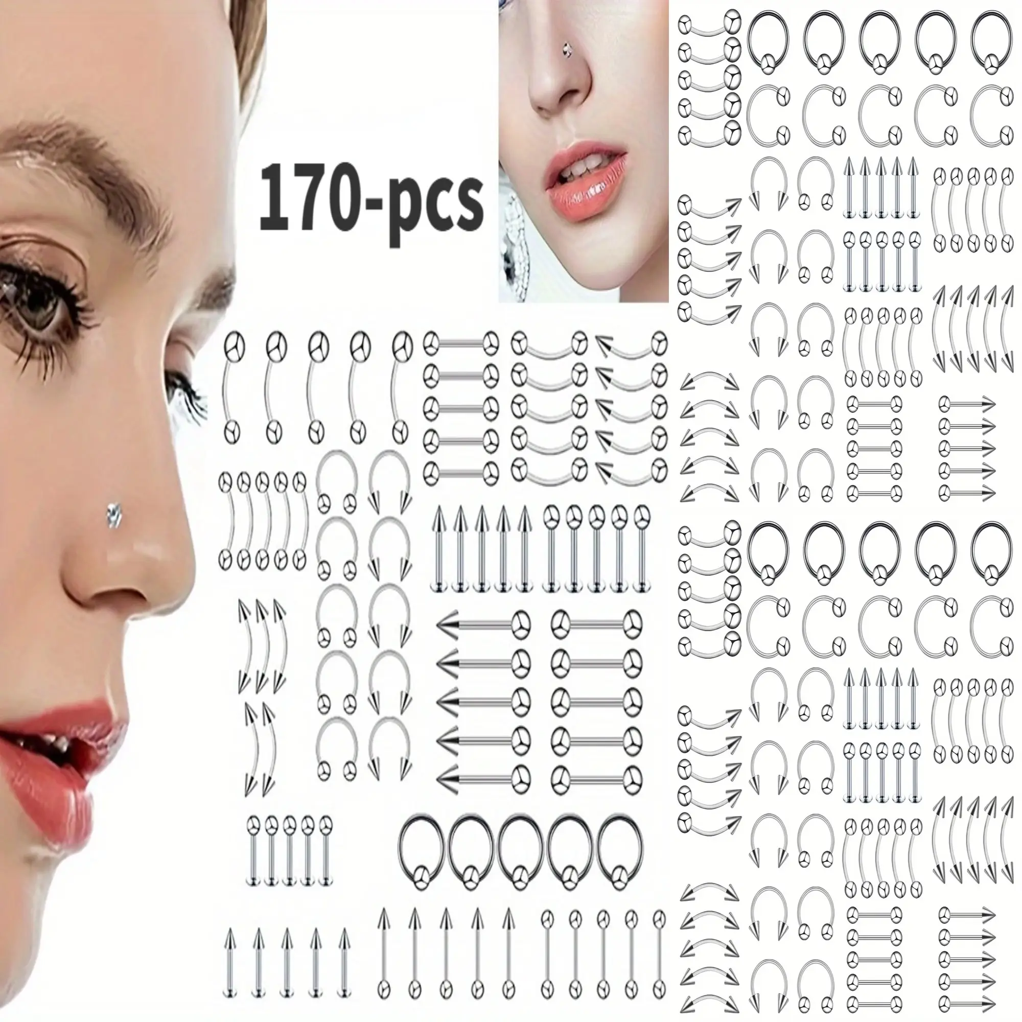 170PCS Classic Eyebrow Nail, Nose Ring, Nose Nail, Tongue Nail, Navel Nail, Eyebrow Puncture Nail Set Stainless Steel Mixed Nose Ring Nose Stud Jewelry Set Body Jewelry（Not include piercing needle!）
