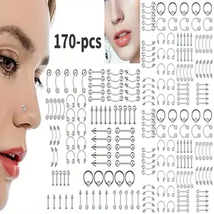 170PCS Classic Eyebrow Nail, Nose Ring, Nose Nail, Tongue Nail, Navel Nail, Eyebrow Puncture Nail Set Stainless Steel Mixed Nose Ring Nose Stud Jewelry Piercing Set Body Piercing Jewelry