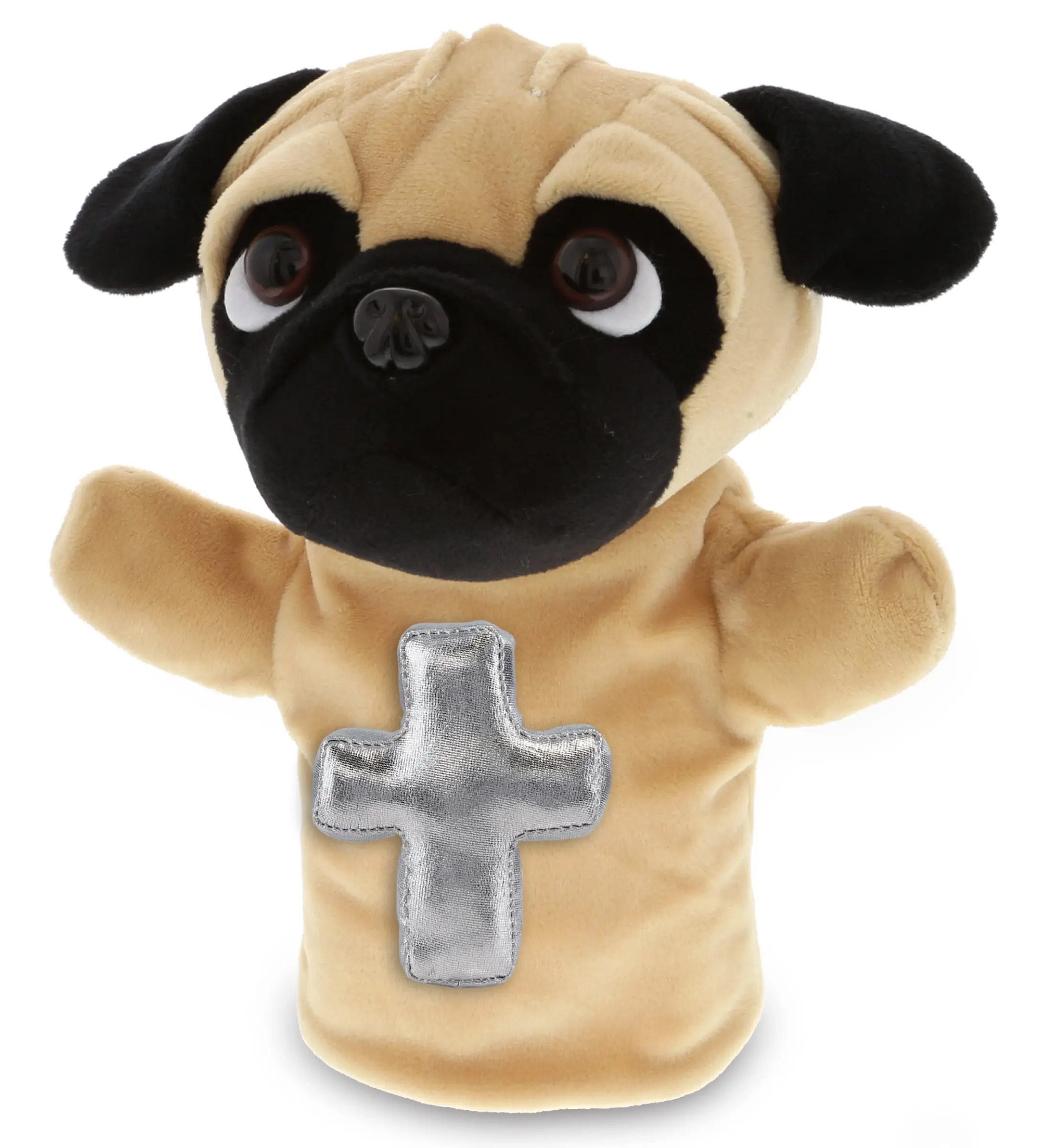 DOLLIBU Soft Polyester Pug Dog Plush Hand Puppet - Fluffy Fabric, Silver Metallic Cross, Soft Fill, 8.5lx7.5wx5h in, Hand Wash & Dry, Healing Plush Toy for Girl, Unisex, Crafts, Decoration, All Ages