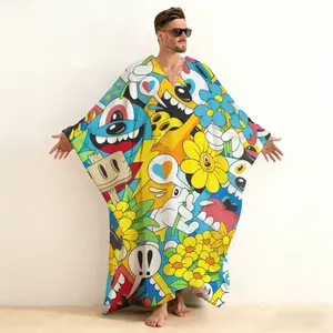 Men's V-Neck Abstract Geometric Artist Print Pullover Flannel Robe, Modern Art Graphic Long Sleeve Closed Front Loungewear, Soft Brushed Cotton Kaftan Sleepshirt for Men