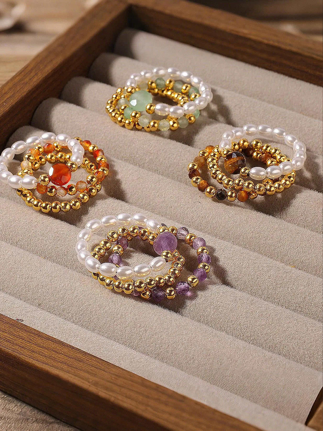 Boho Style Natural Stone Beaded Ring, Fashion Rings, Fashionable and Versatile Design Ring Jewelry, Trendy All-match & Exquisite Jewelry for Birthday Gift
