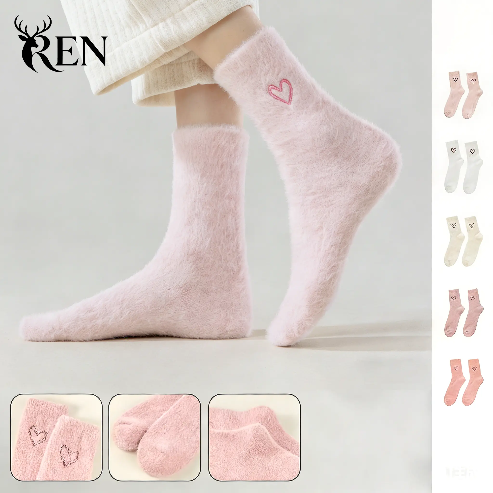 5-Pack Women's Heart Socks, Fluffy Plush Mid-Calf Style, Cute Cozy & Warm for Autumn Winter Wear, 5-Pack(Love), Five-Pair