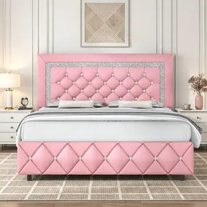 Twin/ Full/ Queen/ King Size Bed Frame, Upholstered Bed Frame With Diamond Headboard And Footboard, Pearl White/ Beige/ Black/ Grey/ Pink/ Purple/ Green, Queen Bed Frame