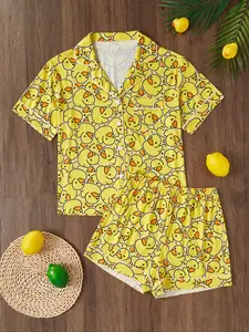 Women's Duck Print Pajama Set, Collared Short Sleeve Top + Loose Shorts, Vacation Style, Holiday Party Sleepwear, Loungewear, Casual Home Wear