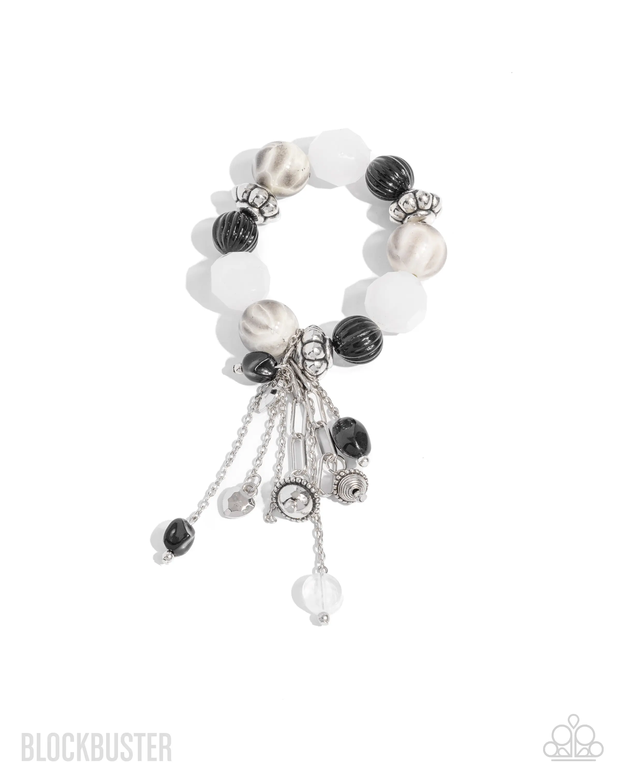 Black White Beaded Stretch Bracelet with Chain Tassel | Adjustable Statement Bracelet