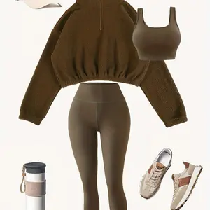 Cozy 3pcs Fleece-Lined Yoga Outfit Set - Stretchy Bra,-Waist Leggings & Half-Zip Sweatshirt Women - Autumn/Winter Workout Gear, Casual Activewear, Elegant Attire, Polyester Blend