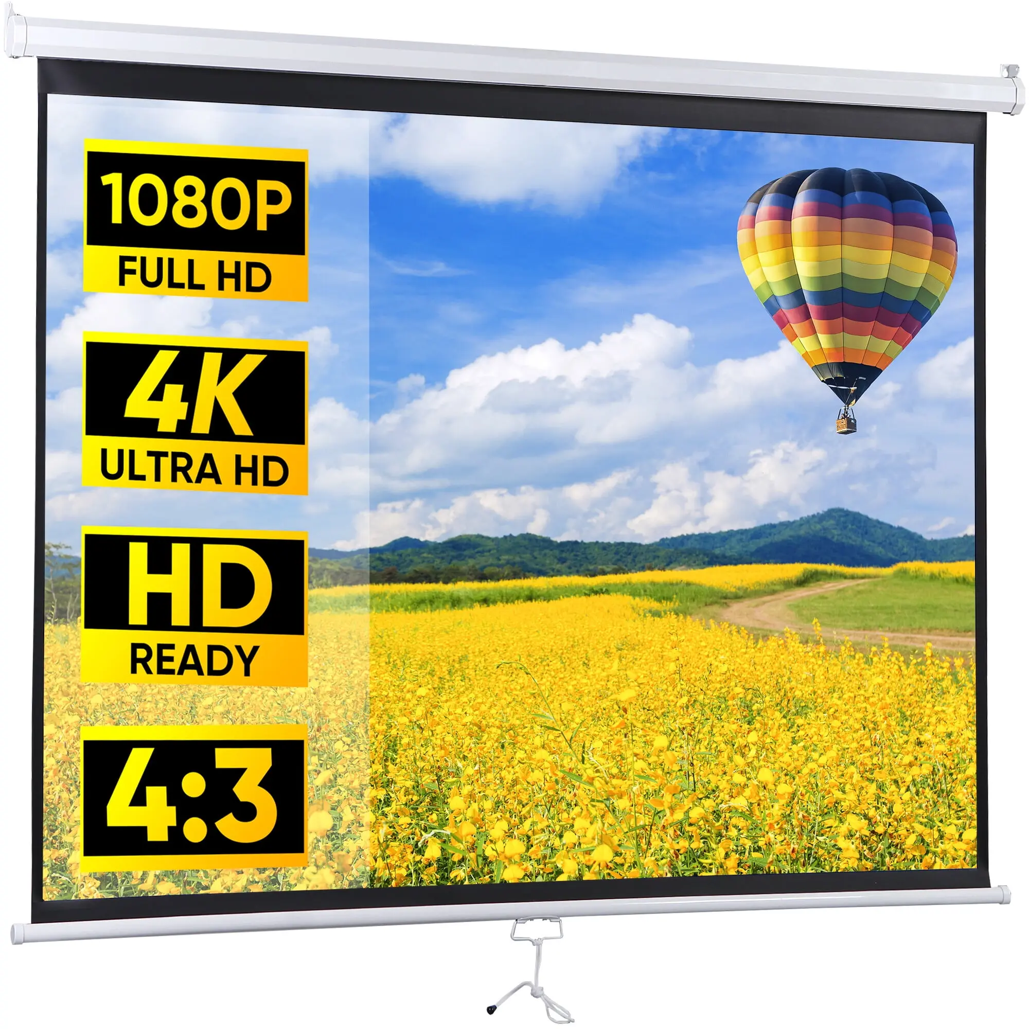 Segawe 72in 4:3 HD Ready PVC Manual Retractable Projector Screen - Durable Metal Frame, Wall/Ceiling Mountable, Front/Rear Display, Auto Lock, Portable, Adjustable, Lanyard, Protective Shell, High-Definition Projection Screen