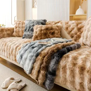 1pc Luxurious Gradient Faux Rabbit Fur Sofa Cover - Pet-Friendly, Thick Plush Anti-Slip Couch Protector for Living Room, Bedroom, Office Decor, Soft Sofa Protector