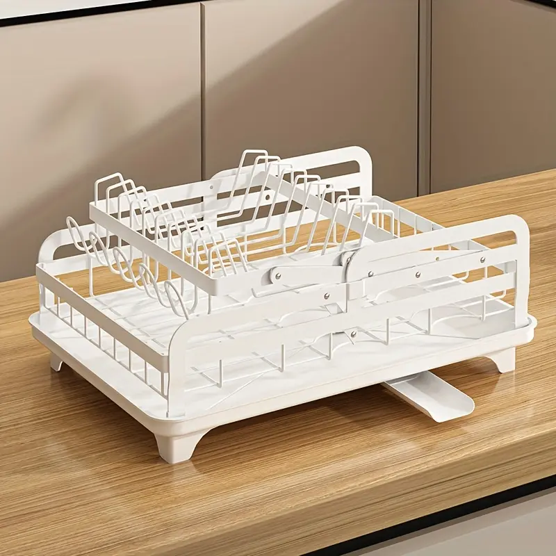 2-Tier Foldable Thickened Carbon Steel Kitchen Countertop Storage Rack - No-Installation Draining Dish Rack with 360° Water-Guiding Drainage Tray and Knife Holder Organiser
