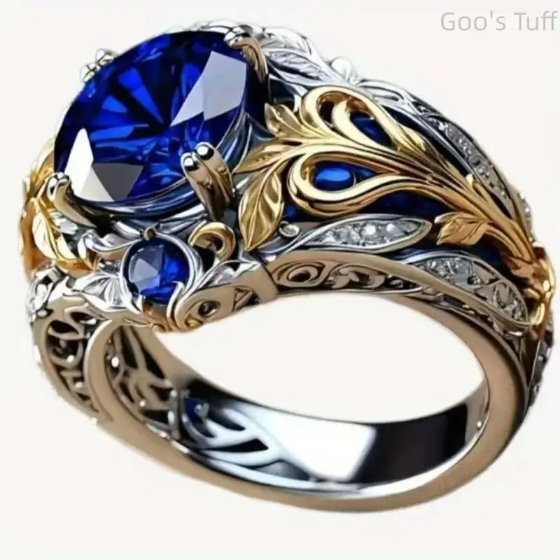 Vintage Leaf Filigree Ring Two Tone Silver Gold Sapphire Ring For Women Oval Blue Gemstone Hollow Engraved Wide Band Non Fade Skin Friendly Ornate Designer Ring Promise Engagement Holiday Luxury Jewelry Gift