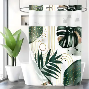 LVRLVR 1pc Luxe Tropical Style Monstera & Palm Leaf with Gold Geometric Line Pattern Polyester Double Layer Lined Shower Curtain 70.874 Inches/180188cm