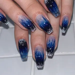 24pcs Blue Flame Stripe Glitter Nail Art Stickers Gradient Wearable Nails Kit Includes Tools (jelly Glue, Scraper, Crystal Stick)