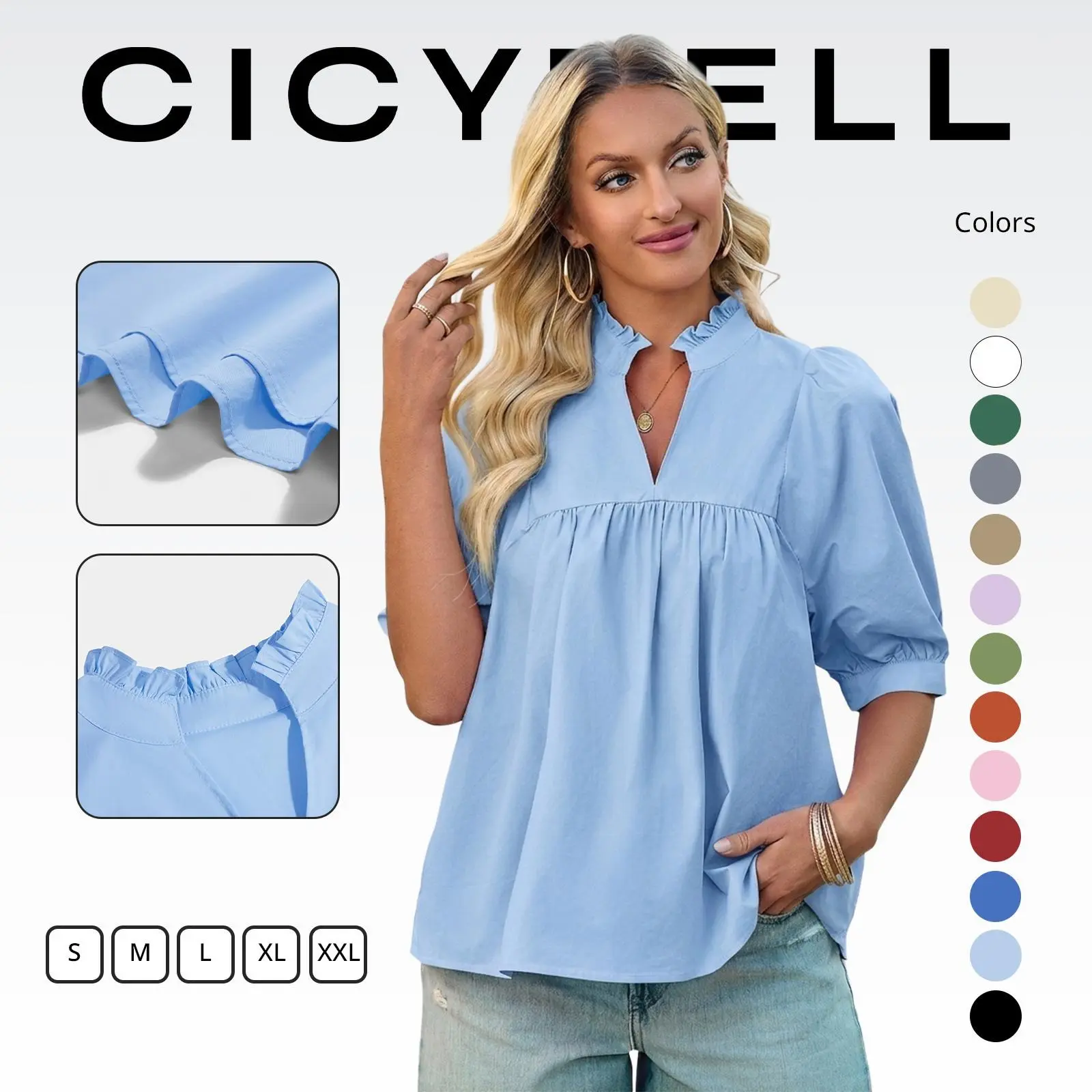 Cicy Bell Women's V-Neck Puff Sleeve Babydoll Peplum Blouse - Flowy Pleated, Natural V-Cut, Dressy Casual, Loose Fit Shirts for Women, Flowy Pleated Blouses & Shirts, Natural V-Cut Blouses & Shirts,clothes for back to school,first day of school outfits