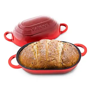 Enameled Cast Iron Bread Oven 2 Qt (Red), Non-Stick Single Loaf Cast Iron Bread Pan with Lid, Easy Homemade Sourdough Dutch Oven, Oven-Safe Artisan Bread Baking Pan