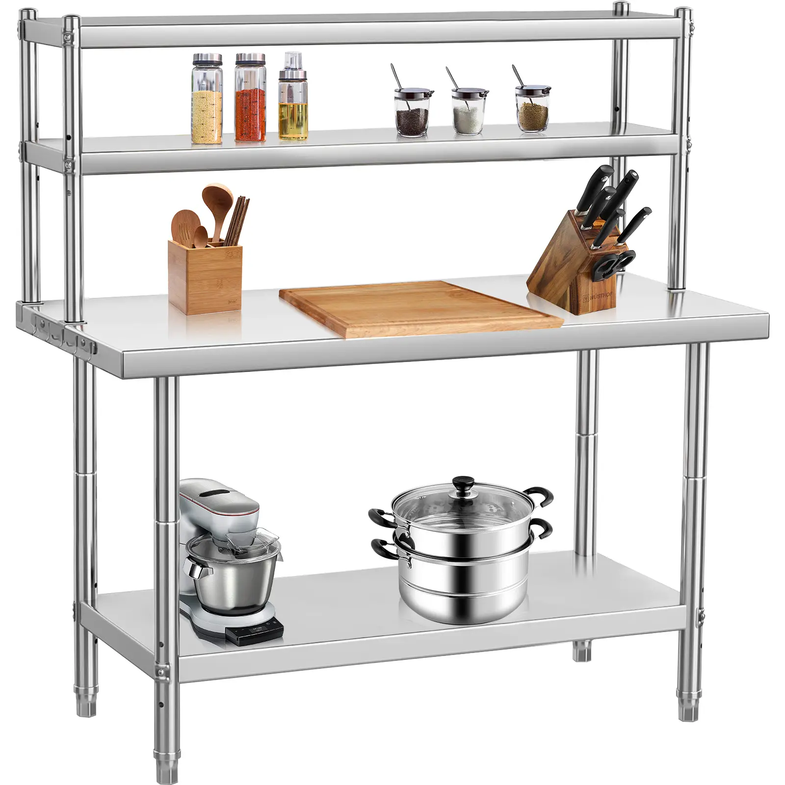 Heavy Duty Stainless Steel Work Table with Overshelves - Commercial Prep Station with Adjustable Undershelf - Rust Resistant, 1460 lbs Capacity - Ideal for Kitchen, Restaurant, Garage, Workshop