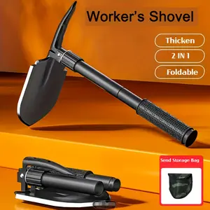 A tactical folding shovel—a survival shovel with a band saw, pickaxe, and camouflage bag—made of durable stainless steel, suitable for camping, hiking, and outdoor adventures. Camping Supplies | Outdoor Gear | Multi-tool | Rugged Construction