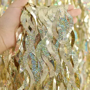 2Pcs Wavy Champagne Gold Fringe Curtain Backdrop, Metallic Holographic Wavy Tinsel Door Streamers for Birthday Party Wedding Graduation Decorations Photo Booth Background