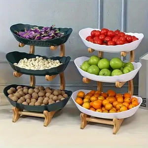 Triple Oval Fruit Basket with Wooden Base - Durable Polypropylene Kitchen Storage Rack, Refrigerator Ice Rack Replacement, Modern Elegant Party Gift Design, Kitchen Fruit Basket, Party Tray