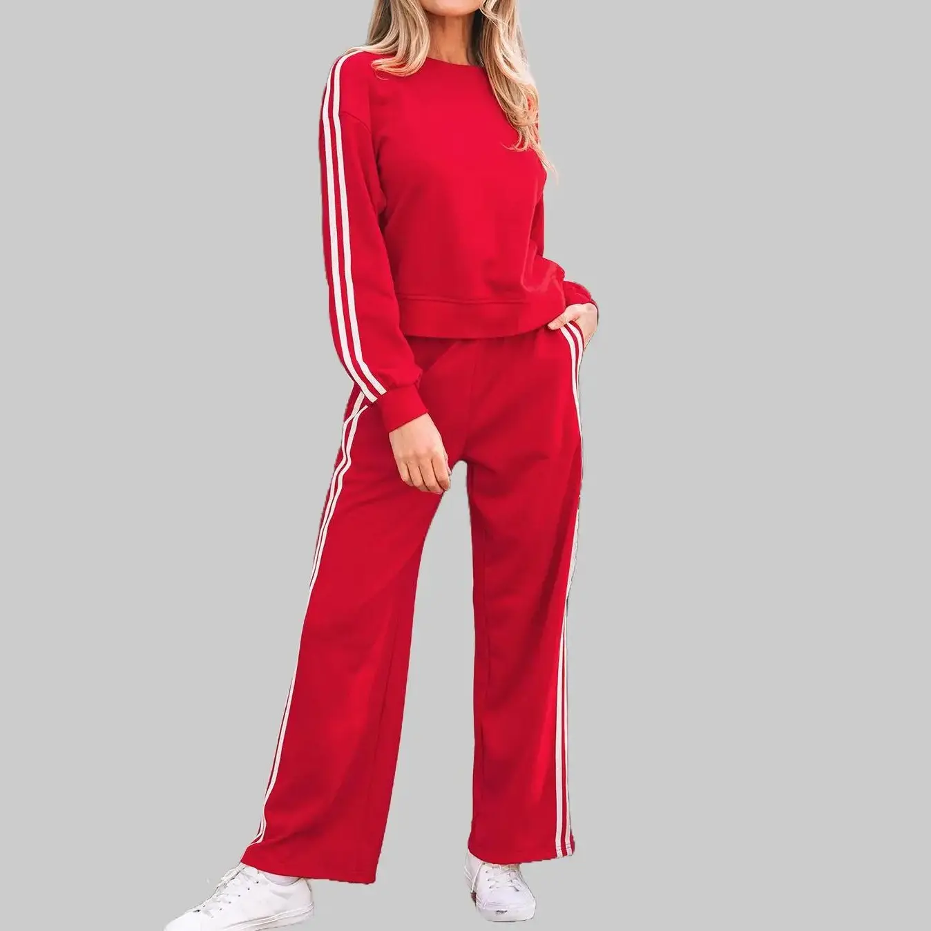 Women's 2-Piece Matching Activewear Set for Lady - Fiery Red Varsity Striped Crew Neck Sweatshirt, Elastic Wide Leg Sweatpants, Gym Casual Wear Tracksuit (65% Polyester 35% Cotton Loungewear)