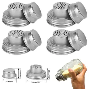 4 pack Stainless Steel Mason Jar Shaker Lids for Dredge Flour, Mix Spices, Sugar, Salt, Peppers Mason Jar Shaker Lids with Silicone Seal - Fits Regular Mouth Mason Jars