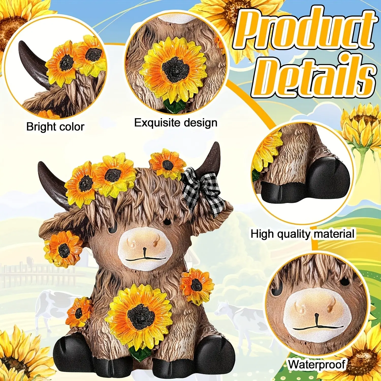 1 highland cow decoration, Cute Cow Design, brown Scottish highland cow statue, calfskin resin handcrafted statue for layered tray table stand, family farmhouse decoration, gift for a niche Scottish enthusiast (sunflower), Animal Resin Figurine, Figurine
