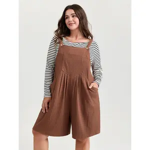 BLOOMCHIC Plus Size Textured Pleated-Front Cropped Overall Jumpsuit - Lady-Fit Spandex Garment with Sleeves, Pockets, Flat Design - [M-6X]2026 Summer Vibes Swimweek