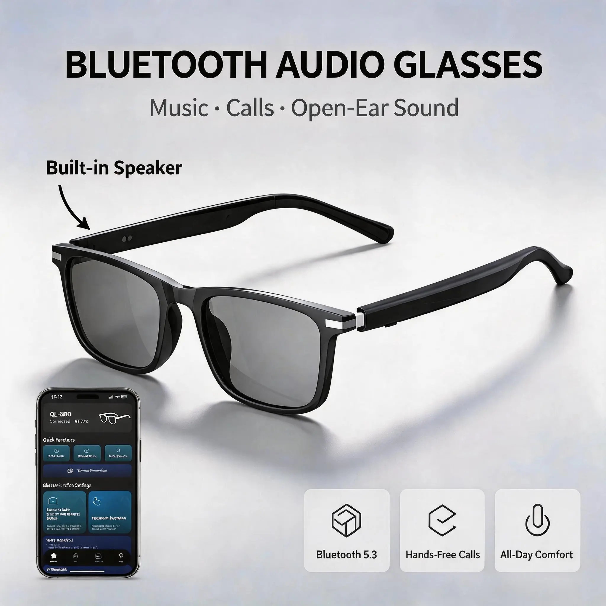 Smart Glasses with Mic, Wearable Tech Glasses, Wireless Audio Glasses with Transparent Lenses for Listening to Music & Calling, for Home & Daily Use Bluetooth Photo