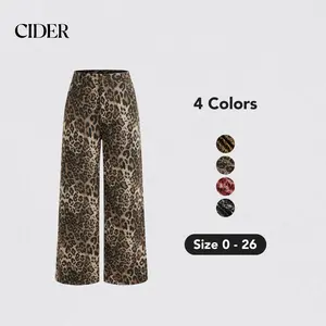 Cider [4 colors, size 0-26] Denim Mid Waist Leopard Wide Leg Pants, 100% Cotton Animal Pants for Daily Casual Streetwear, Viral Pinterest Hiphop Vintage Style Pants With Pockets, Summer Y2k Pants for Women