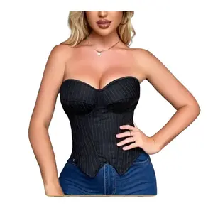 Women’s Striped Corset Blazer Top with Built-In Cups, Structured Fishbone Design, Side Zipper Fashion Vest