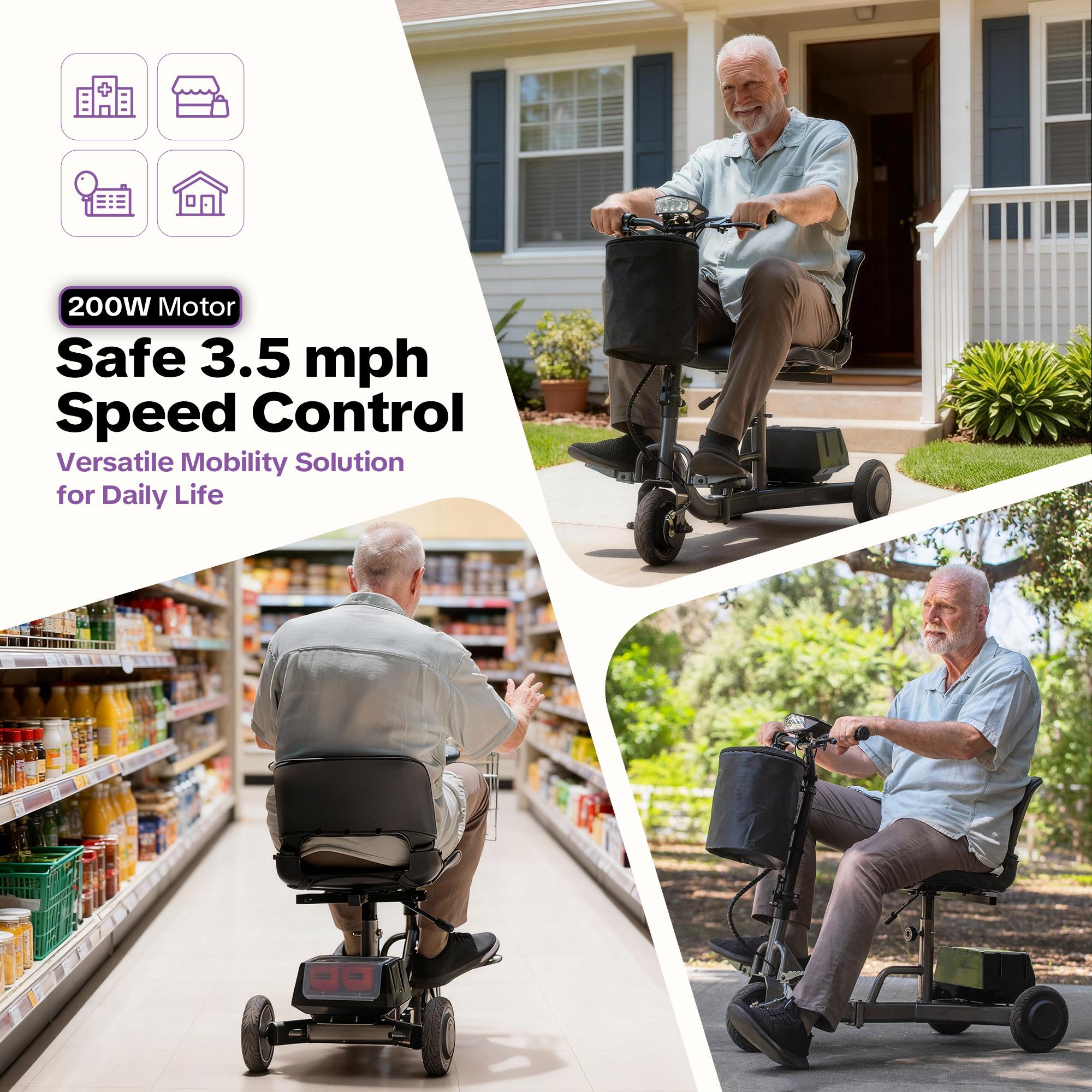 Lightweight Foldable Mobility Scooter for Seniors, 3-Wheel Electric Powered Scooter with Dual Removable Batteries, Adjustable 360° Seat, Basket & LED Light, 300lbs Capacity