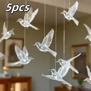 5 Piece Acrylic Bird Shaped Pendants Set, Transparent Festive Hanging Decorations Ornaments for Wedding Christmas Party, No Power Required Easy to Hang