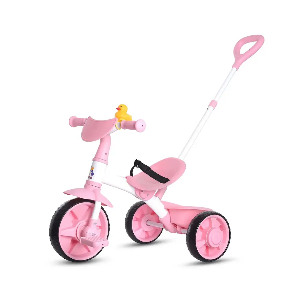 KRIDDO Parent-Assisted Sport 2-in-1 Pink Toddler Trike | Parent Push Tricycle w/ Adjustable Handle, Detachable Pedals, Storage Bucket & Duck Bell | Parent-Control & Independent Riding for Boys & Girls Ages 18 Months–3 Years
