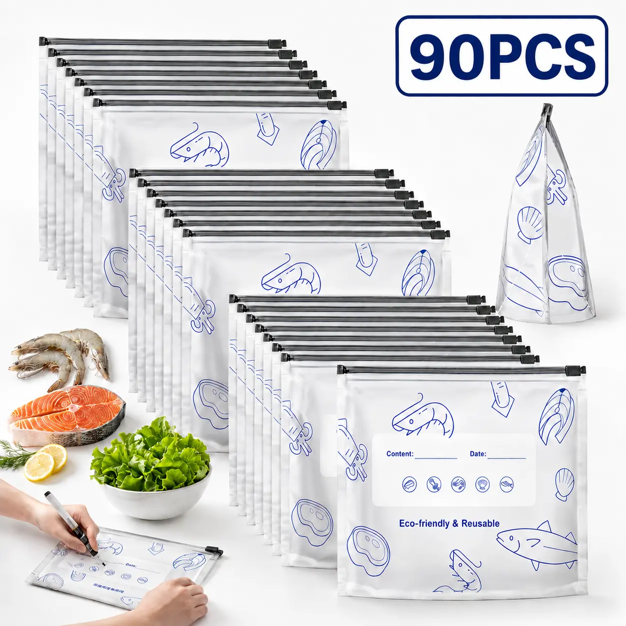90 PCS 3 Size Reusable Preservation Bags, Airtight Vacuum Sealer Food Storage Bags, Leak Proof Freezer Safe, Stand Up Foil Sealable Pouches for Meal Prep, Pantry Organization, Travel Snacks