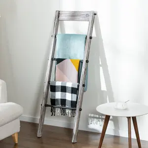 Blanket Ladder Wooden, Blanket Holder Rack Decorative Ladder with Pipe Rungs, Easy Assembly, Rustic Farmhouse Ladder Shelf for The Living Room Bedroom